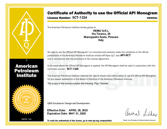 API Spec 5CT License number 5CT-1324 American Petroleum Institute