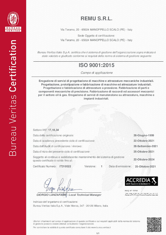 UNI EN ISO 9001 ed. 2015 Certificato N° IT 265670 Bureau Veritas