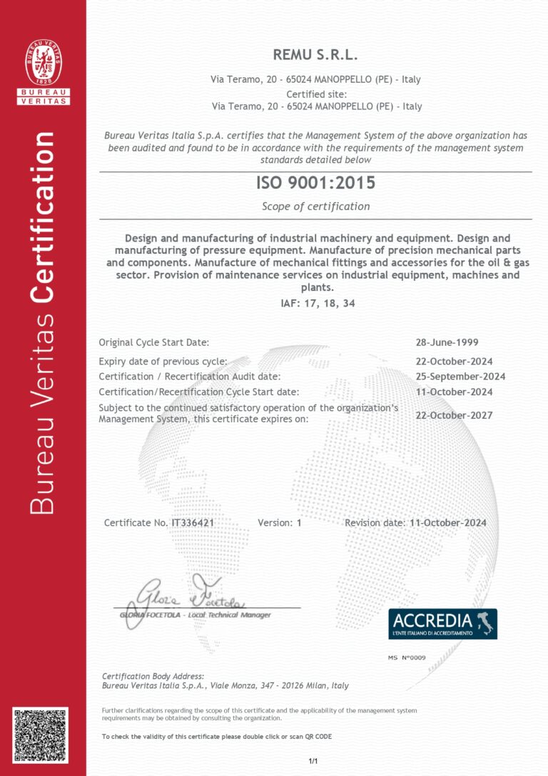 UNI EN ISO 9001 ed. 2015 Certificato N° IT336421265670 Bureau Veritas